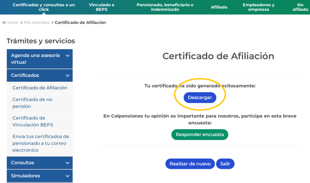 certificado colpensiones descargar